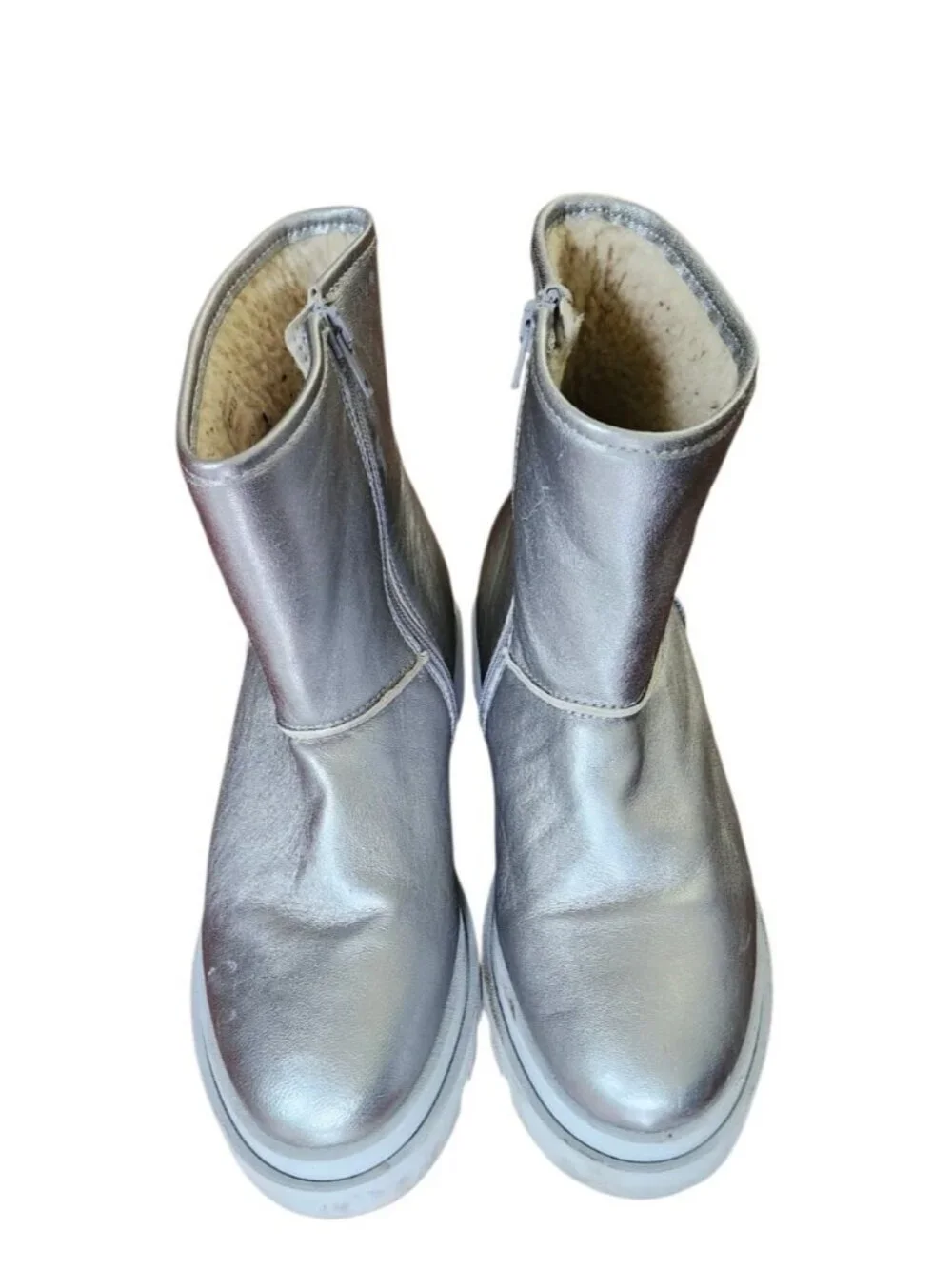 DWRS Metallic Silver Leather Ankle Boots Shearling Lined Platform Lug Sole 10.5